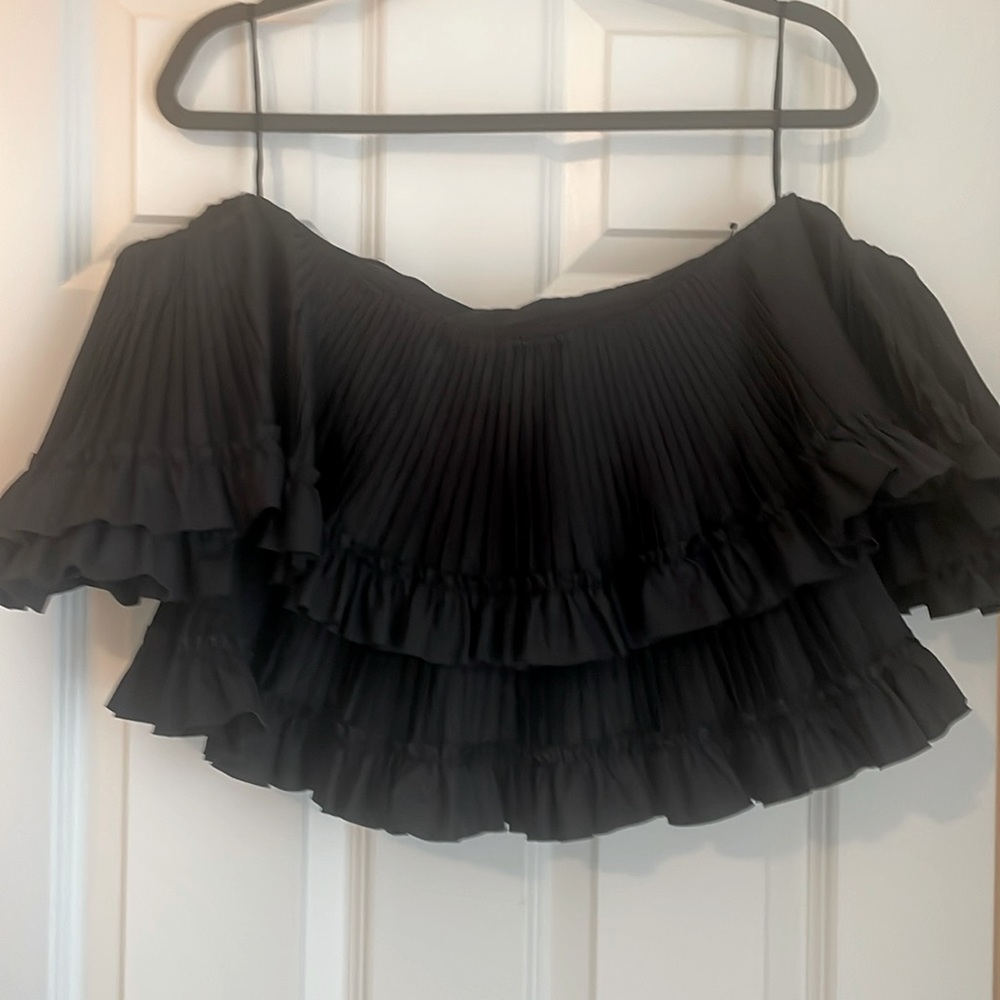 BRANDON MAXWELL TIERED CROPPED OFF-THE-SHOULDER TOP IN BLACK